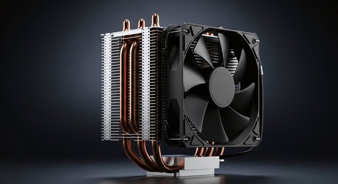 Premium Black CPU Air Cooler on Dark Background with Copy Space