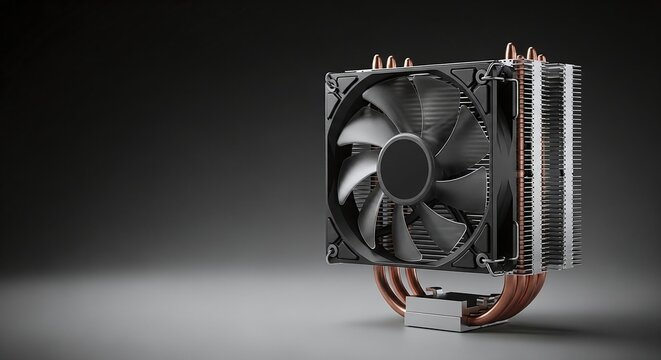 Premium Black CPU Air Cooler on Dark Background with Copy Space