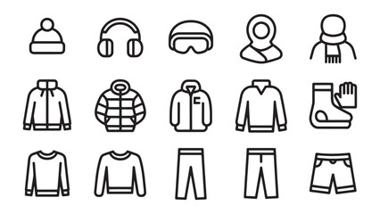 Vector icons representing winter clothing and accessories: beanie, headphones, ski goggles, balaclava, scarf, jacket, puffer jacket, fleece jacket, sweatshirt, socks with gloves, pants, and shorts.