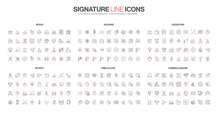 Collection of simple red and black line icons representing beach, sports, adventure, time, seasons, and leisure hobbies, designed in a minimal flat style isolated vector illustration
