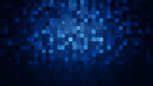 Abstract grid pixel dot pattern background with geometric mosaic on dark blue tone, digital technology concept for futuristic interface, data visualization, network system and modern graphic design