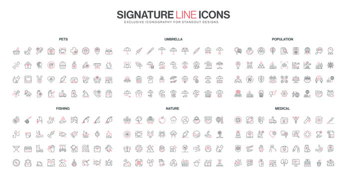 Line icons set covers pets, umbrella, population, fishing, nature, and medical themes with red and black accents, suitable for diverse informational and thematic needs isolated vector illustration