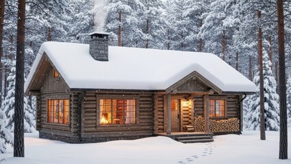 A cozy wooden cabin stands nestled within a snowy winter forest landscape under a white sky, creating a peaceful rural mountain home scene surrounded by cold nature and old trees