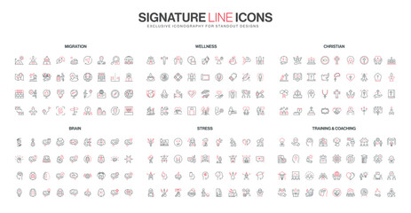 Set of minimalist line icons themed around migration, wellness, Christian faith, brain, stress, and training concepts in red and black for diverse visual communication isolated vector illustration © Icon Majesty