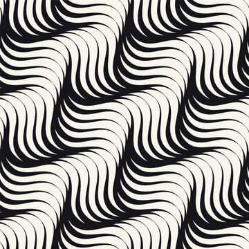 Seamless pattern with geometric waves. Endless stylish texture. Ripple monochrome background. Linear diagonal weaved grid. Thin interlaced swatch.