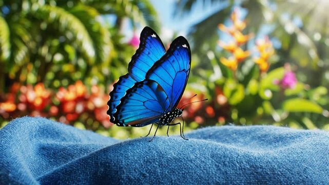 A stunning blue morpho butterfly resting on a blue cloth with colorful flowers and green foliage in the background
