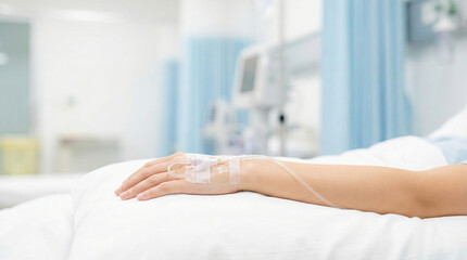 Obraz premium Patient arm with IV line in hospital bed feeling weak
