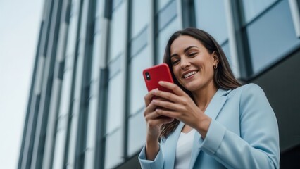 Woman using smartphone with modern building background