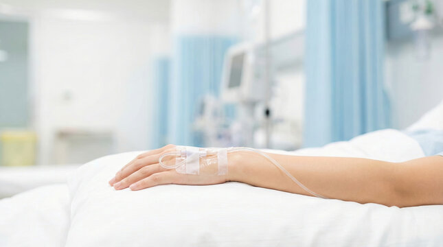 Patient arm with IV line in hospital bed feeling weak