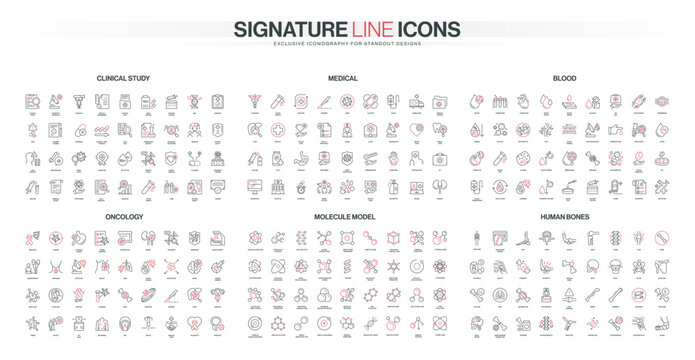 Comprehensive set of thin line icons covering clinical study, medical diagnostics, blood analysis, oncology, molecular structures, and human bones isolated vector illustration