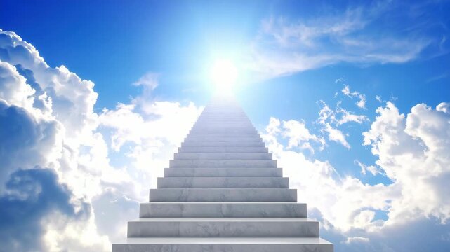 White stairway steps rising into a bright blue sky with fluffy clouds and a heavenly glowing light