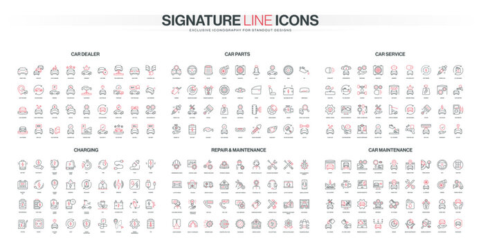 Comprehensive automotive icon set covers car dealer, parts, service, charging, repair, and maintenance themes in modern red black line style isolated vector illustration