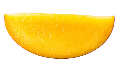 Close-up of a juicy, ripe, and sliced mango segment against a stark black background. It appears ready to eat