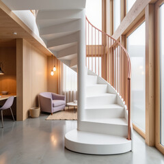 Modern spiral staircase design, featuring sleek white finish and elegant copper railing, enhances contemporary interior space
