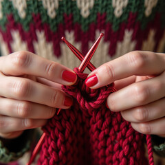 Knitters create beautiful patterns with yarn and needles, showcasing creativity and skill in cozy setting