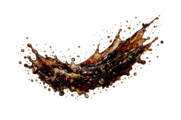 Refreshing brown soda beverage splashing with dynamic motion, fizzing liquid creating lively drops on transparent background