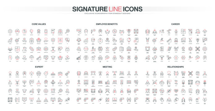 Comprehensive set of thin line icons representing core values, employee benefits, career growth, expertise, meetings, and relationships in modern business isolated vector illustration