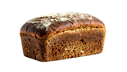 Close-up of a loaf of baked bread, dark crust with visible texture, dusted with flour, contrasting shadows against black backdrop