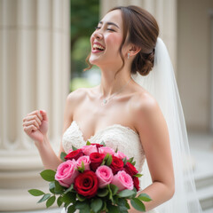 Joyful bride smiles brightly while holding bouquet of pink and red roses, showcasing her elegant wedding dress and veil