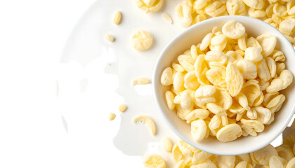 Close-up of a small white bowl filled with puffy, light-yellow, cereal-like snacks spilling onto a white surface. The image is brightly lit