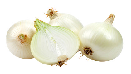 Close-up of four raw, white onions on a black background. One is sliced revealing concentric layers, and others are whole