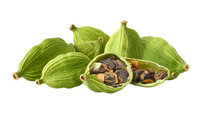 Close-up of green, pod-shaped spice. One pod is split, revealing dark brown seeds. Arranged on a black background