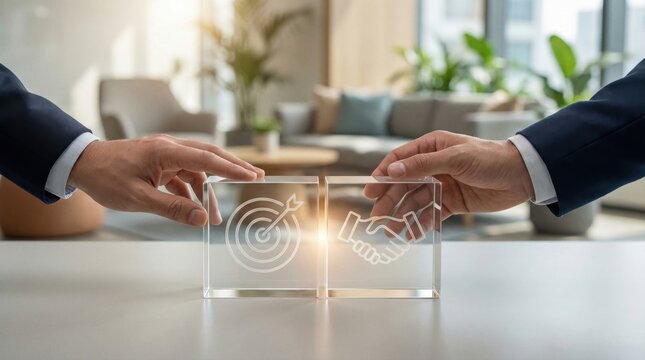 Business agreement and target achievement concept,two businessmen handshake over mission success symbols,corporate partnership strategy visualization