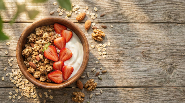 Healthy granola breakfast bowl with fresh strawberry