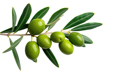 Close-up of olive branch against a black background. Several green olives hang from a light brown stem with vibrant green leaves