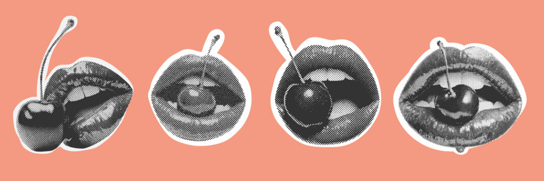 set of womans lips holding a cherry in their mouth for a valentine love concept. Halftone grunge design elements