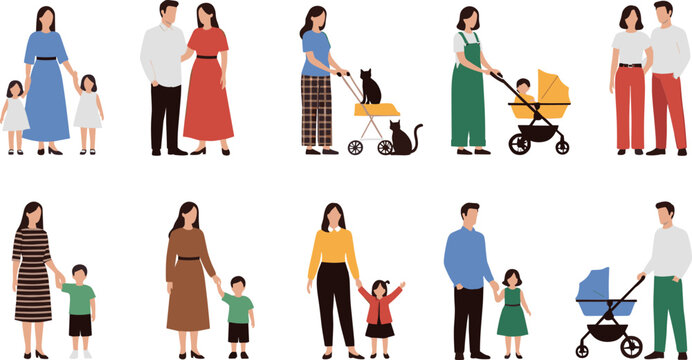 Vector illustration set of diverse families with children, parents with strollers and pets