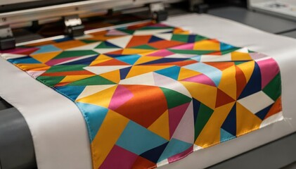 Medium shot of a vibrant geometric pattern being printed onto smooth silk scarf fabric highlighting the glossy texture and precise color application before hemming.