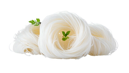 Close-up of three spiraled nests of translucent rice noodles, each adorned with a sprig of green herbs against a black background