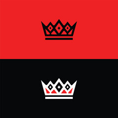 A sharp, outlined crown icon with diamond-shaped embellishments is presented in black and white on a vibrant red and a stark black split background.