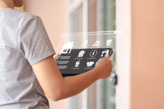 Online Home Inspection and Property Verification, Asian Woman Using Tablet Checking Real Estate Documents, House History, Engineer Certification, Utilities System, Warranty and Secure Payment Process