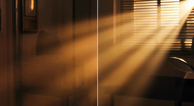 Conceptual split screen portrait of young man face showing duality: cold blue computer light versus warm orange sunset shadows  