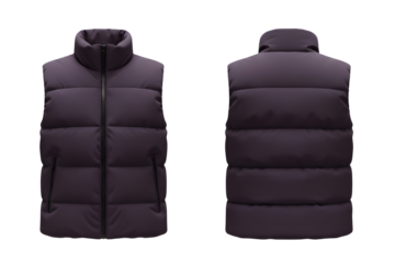 A dark purple puffer vest mockup front and back view, sleeveless jacket isolated on a white or transparent background