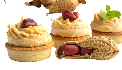 Close-up of sweet, nutty pastries decorated with peanut butter swirls and halved peanuts. A mint sprig adds a fresh touch