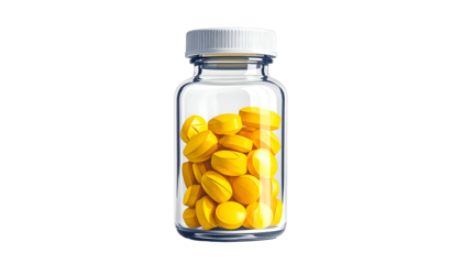 Illustration of a glass bottle filled with many yellow, round tablets, topped with a white cap, isolated on black