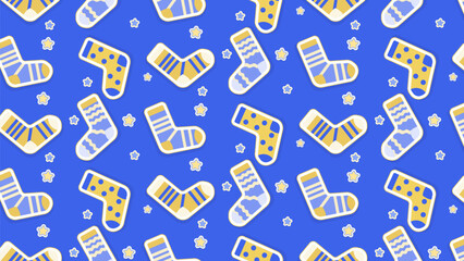 Down Syndrome Support Symbol Seamless Texture. Naive Style Drawing of Blue and Yellow Socks and Stars for Wallpaper