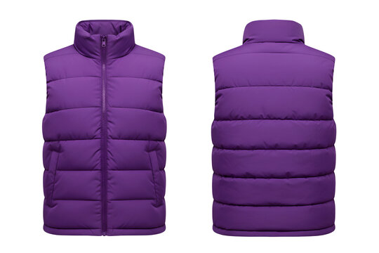 A purple puffer vest mockup front and back view, sleeveless jacket isolated on a white or transparent background