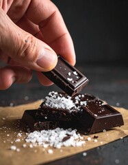 Close Up Of A Hand Holding A Piece Of Dark Chocolate With Sea Salt Sprinkled On Top And Stacked Chocolate Bars In The Background
