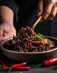 Close-up of person scooping rich dark savory food with chili and herbs from a bowl with golden spoon in a dimly lit setting with red chili peppers on the side