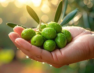 Farmer Holds Fresh Green Olives with Water Droplets in Hand Illuminated by Golden Sunlight Creating a Warm Outdoor Harvest Atmosphere