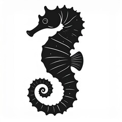 Black Silhouette Of A Seahorse With Detailed Fins And A Curled Tail Against A White Background