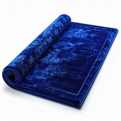 Deep Blue Velvet Rug with Intricate Floral Pattern Rolled Partially Open on White Background Elegant Textile Home Decor