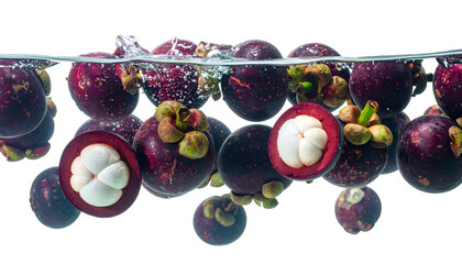 Close-up of vibrant purple fruits submerged in water, one halved revealing juicy white segments, showcasing freshness