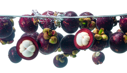 Close-up of vibrant purple fruits submerged in water, one halved revealing juicy white segments, showcasing freshness