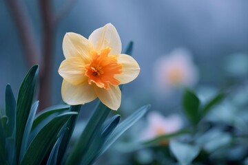 a daffodil flower with an orange center and yellow petals, resting on dark green leaves, with a blurred background of other flowers in the distance