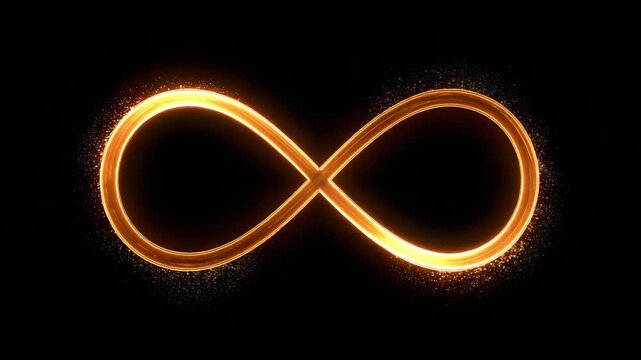 Glowing golden infinity symbol on black background, geometric shape with particles and sparkle effects, concept of eternal love and endless possibilities.